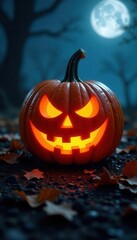 Illuminated Halloween pumpkin, eerie night scene, illumination, fall