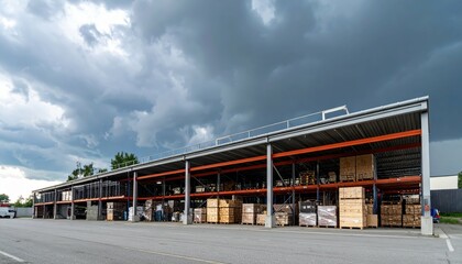 Compact Warehouse Mezzanine with Stacked Pallets Under Stormy Skies