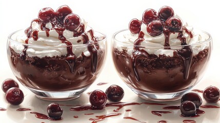 Delicious chocolate dessert cups with cherries and cream topping