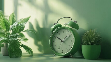 Gentle morning reminder with a vintage green alarm clock beside lush plants and a sunlit wall in soft pastel