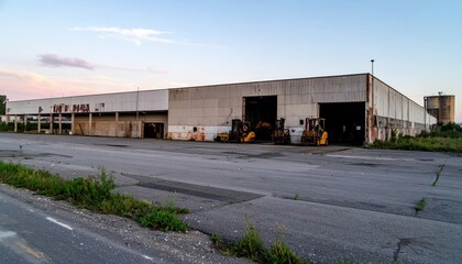 Obraz premium Abandoned Warehouse with Forklifts at Dawn in a Derelict Setting