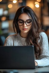 Young Woman Working on Laptop in Cafe