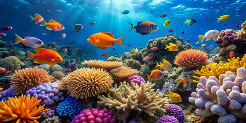 Vibrant underwater scene showcasing a diverse array of colorful fish and coral formations in a sunlit ocean