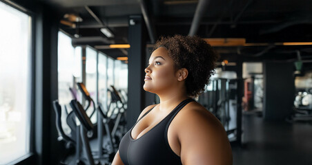 Fototapeta premium Plus size woman lifting dumbbells and training indoors at the gym, showcasing strength and determination. Generated image