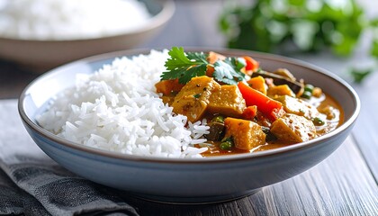 Delicious Homemade Vegetable Curry Served with Fluffy White Rice in a Bowl