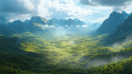 Serene morning light bathes a lush mountain valley whispering promises of adventure and tranquility with soft