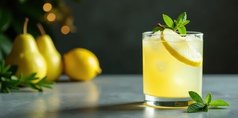 Fototapeta premium Refreshing lemongrass pear rosemary cocktail Garnish visible , image, ice, food photography