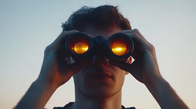 Young man using binoculars at sunset exploration and discovery concept - Powered by Adobe
