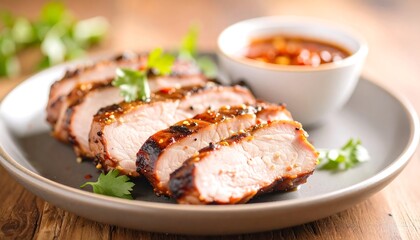 Delicious Grilled Pork Tenderloin Slices with Spicy Sauce Garnish A perfect dish for a summer BBQ or family meal