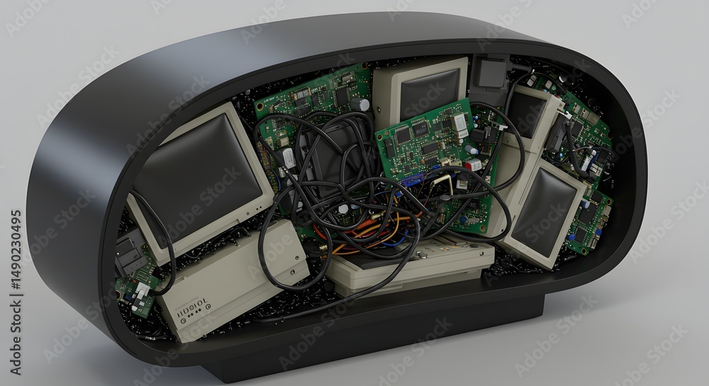 Poster conceptual image: a black oblong container overflowing with old computer monitors, circuit boards, a