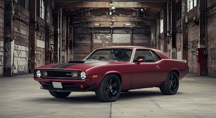 Striking Crimson 1970s Muscle Car: A Classic American Challenger with Bold Black Stripes in a Rustic Industrial Setting, Evoking Speed, Power and Automotive Nostalgia