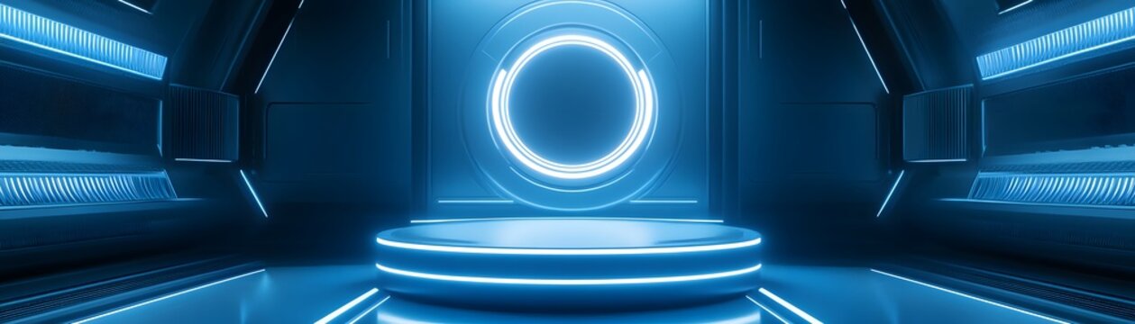 Futuristic stage display with glowing neon accents