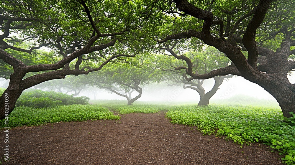 Poster enchanted forest path with overhanging trees leading into mist