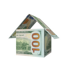 Transparent PNG 3D render of Home Shape 100 dollar banknotes with realistic textures and lighting. Isolated on alpha background, ideal for finance, design, marketing, and visual presentations.