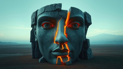 Enigmatic cracked stone face sculpture glowing in a vast desert