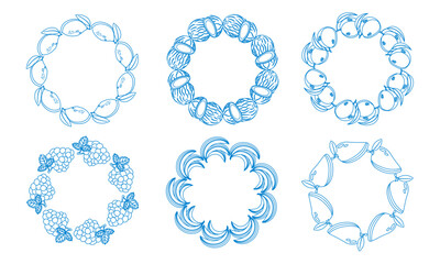 Fruit frame set. Round wreath, border of fruits. Fruits icons. Hand drawn Fruits circle border.