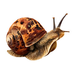 Brown garden snail with spiral shell and visible feelers, nature study illustration, isolated on transparent background