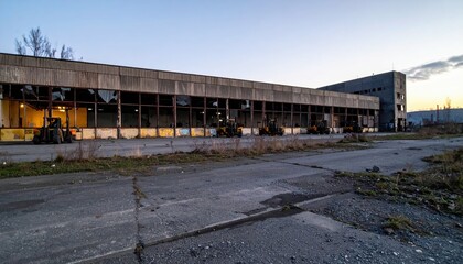 Fototapeta premium Derelict Warehouse with Forklifts at Dusk, Abandoned and Unoccupied