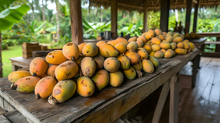 Abundance of Mangoes at a Tropical Farm, Displayed on a Rustic Wooden Table