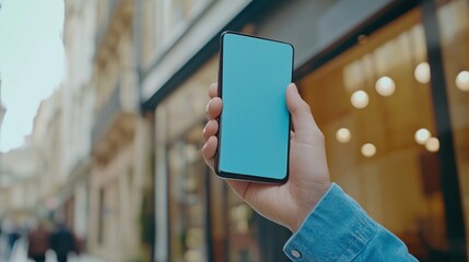 Person holding smartphone with blank blue screen city street background