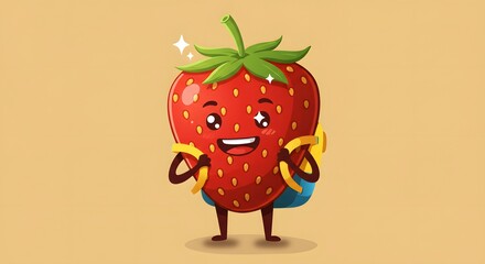 Cartoon strawberry character with a backpack and bananas on a tan colored background
