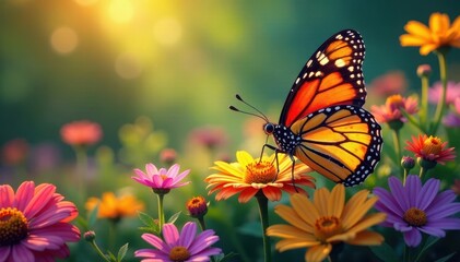Fototapeta premium Radiant butterfly resting on a tapestry of colorful wildflowers, nature photography, outdoor