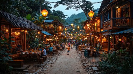 Jungle village at dusk, with people dining outdoors