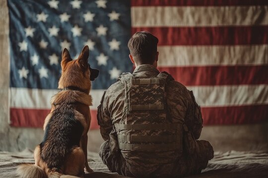 Back of american military man with service german shepherd on the background of the US flag, veterans day