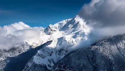 snow covered mountain peak and clouds