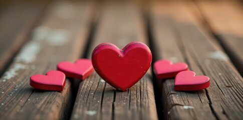 Red heart symbols on wooden planks with subtle texture and warm lighting , intimacy, warm glow