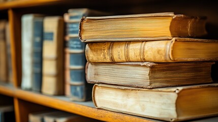 Fototapeta premium Timeless Knowledge: Old Books on Wooden Shelves, a Quiet Library Ambiance 