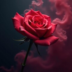 red rose surrounded by swirling mist and fog on a dark backdrop, mystical, beauty