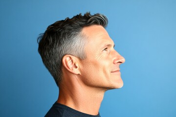 Obraz premium Creative of style for aging men. Classy men's classic short back and sides haircut - midlife white man with grey hair. A charming and elegant man exuding positivity. Blue solid background.