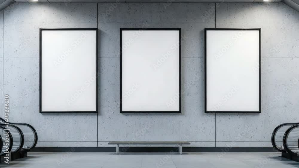 Aufkleber modern minimalist gallery with three empty frames on concrete wall in contemporary architecture spac