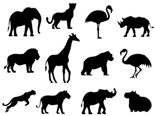 silhouette, animal, vector, wildlife, nature, giraffe, deer, cat, goat, cow, bear, elephant, horse, tiger, lion, icon, black