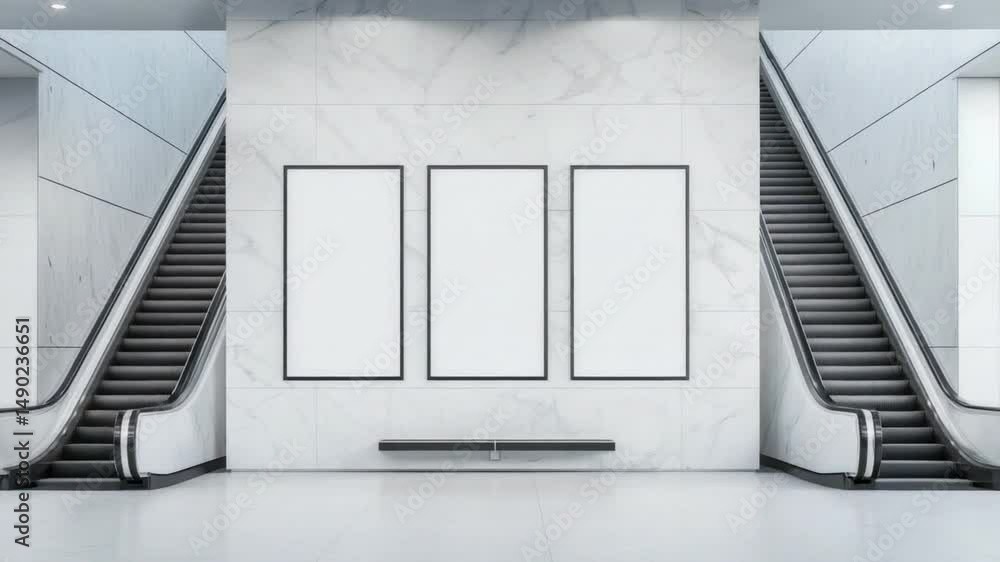 Poster modern escalators in a minimalist architecture space with marble walls and bright lighting creating 