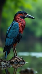 Obraz premium Regal bird perches on riverbank, surveying water below, egret, fish