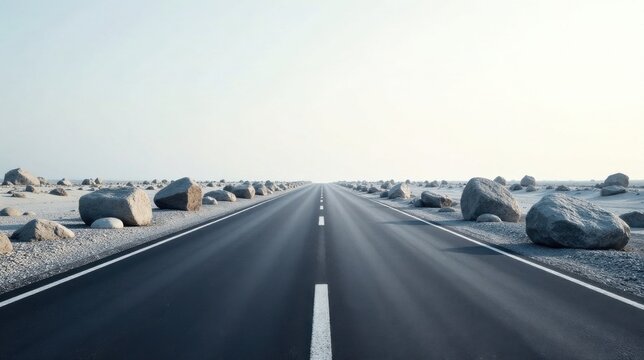 Asphalt ribbon unwinding towards a pale horizon, flanked by scattered boulders under a vast, clear sky, evoking a sense of journey and open space