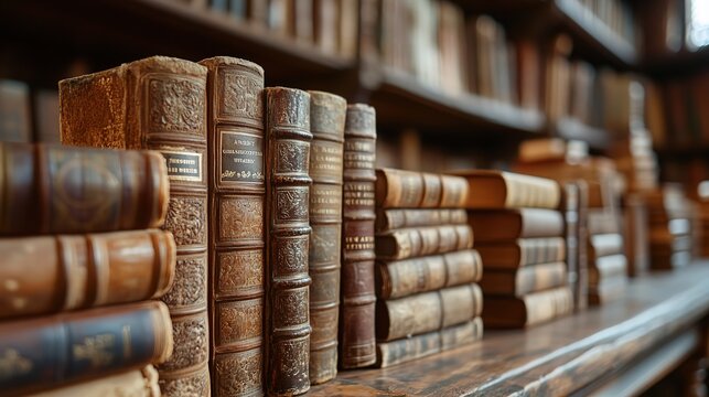 Timeless Knowledge: Old Books on Wooden Shelves, a Quiet Library Ambiance

