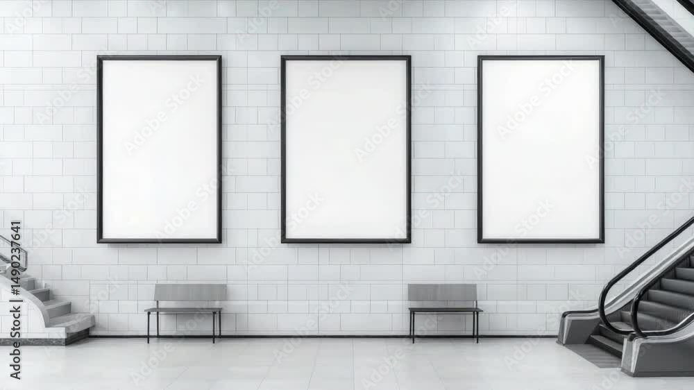 Poster modern indoor space with empty white frames on walls and escalator leading to upper level in contemp