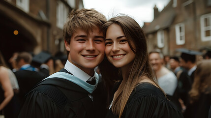 Smiling graduates, a young man and woman, stand close in their gowns on a graduation day outside a brick building