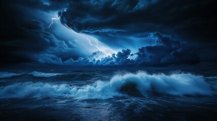 Obraz premium Dramatic stormy night at sea with powerful lightning.