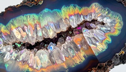Colorful Iridescent Crystal Cluster In Agate Slice