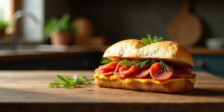 A delectable sandwich featuring savory sliced sausage, complemented by a zesty mustard spread and fresh herbs, rests on a rustic wooden surface in a kitchen setting.