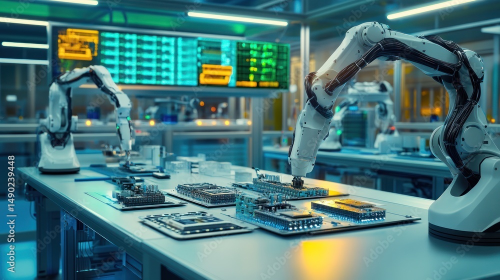 Aufkleber robotic arms assembling circuits in a futuristic lab
