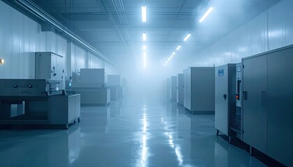 Dimly Lit Cold Storage Room with Packing Stations in Misty Atmosphere