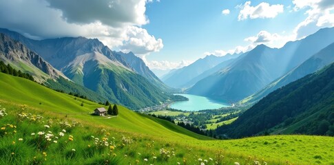 Fototapeta premium Rolling hills and lush green meadows in Kargil valley with majestic mountains and sparkling lakes, scenic landscape, lake scenery