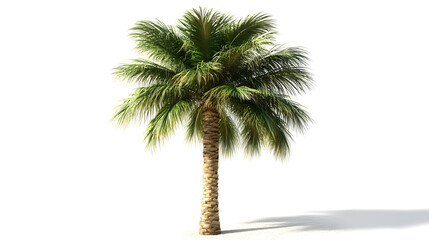 Obraz premium Isolated on white, a vibrant tropical palm tree with green leaves and a natural trunk evokes summer, beach vacations, and exotic island nature.