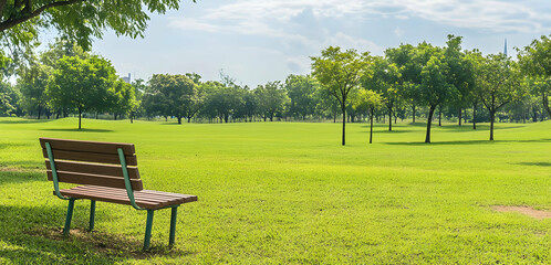 Peaceful retreat at the park with empty bench under tree's shadow