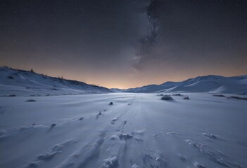 Fototapeta premium Vast, untouched snowfield under starry sky, ethereal glow, snowy night, snowscape